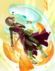1boy 1other bag belt black_pants black_shirt boots broken brown_belt brown_hair closed_eyes commentary_request dragon_quest dragon_quest_xi floating floating_clothes floating_hair full_body gem glowing gold_bracer green_boots green_gemstone hand_on_own_chest hand_tattoo hero_(dq11) highres kanikajika medium_hair orange_gemstone pants parted_hair parted_lips purple_tunic shirt spoilers tattoo tockle_(dq11) tunic yellow_background