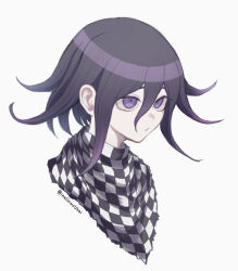 1boy artist_name black_hair checkered_neckerchief closed_mouth danganronpa_(series) danganronpa_v3:_killing_harmony flipped_hair hair_between_eyes inukai_(inuuowoukai) male_focus neckerchief oma_kokichi pink_eyes simple_background solo white_background