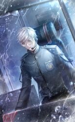 1boy aiguillette artist_request belt belt_buckle black_belt black_pants blue_eyes blue_shirt buckle chair collared_shirt cowboy_shot crest determined furrowed_brow game_cg glint_in_the_night_(shining_nikki) headset high_collar highres indoors light_particles loen_(shining_nikki) long_sleeves looking_ahead male_focus messy_hair military_uniform monitor multiple_belts nikki_(series) office office_chair official_art on_chair open_mouth pants police rain round_eyewear shining_nikki shirt short_hair shoulder_belt shoulder_pads shoulder_spikes sitting sleeve_cuffs solo spikes studded_belt sunglasses swept_bangs swivel_chair third-party_source water_drop white_hair window