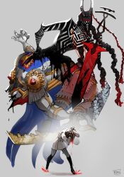 2021 3boys absurdres akechi_gorou black_blood blood blood_drip blue_cape bow_(weapon) cape coat computerram epaulettes hands_on_own_head highres holding holding_bow_(weapon) holding_scissors holding_weapon horns loki_(persona_5) multiple_boys multiple_others persona persona_5 persona_5_the_royal robin_hood_(persona_5) scissors weapon