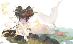 1girl absurdres arm_support black_hair breasts fins fish flower hair_ornament highres holding holding_smoking_pipe jewelry large_breasts lily_pad long_hair mermaid monster_girl nita_accesscode nude original parted_lips partially_submerged pointy_ears smoke smoking_pipe solo water_lily_flower yellow_eyes
