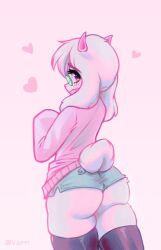 1boy alternate_costume animal_ears black_thighhighs blush deltarune eyewear_on_head feminine floppy_ears glasses goat goat_boy heart horns hotpants looking_at_viewer looking_back open_mouth pink_eyes pink_horns pink_shirt pink_sweater ralsei shirt shorts signature standing sweater tail thighhighs valeria_fills white_fur white_hair