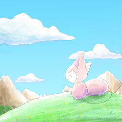 Rule 34 | 1other, :3, animal focus, cloud, cloudy sky, flower, gen 3 pokemon, grass, happy, large tail, mountain, nintendo, no humans, outdoors, pokemon, pokemon (creature), poochandthegang, sitting, skitty, sky, smile, tail, yellow flower