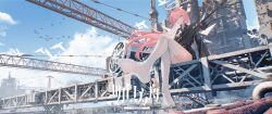 1girl absurdres arknights black_jacket closed_mouth cloud commentary construction_site copyright_name crane_(machine) crossed_legs day de4d_fish english_commentary feet full_body gun halo highres jacket lemuen_(arknights) long_hair long_sleeves looking_at_viewer no_shoes outdoors pink_eyes pink_hair rifle sitting smile sniper_rifle soles solo sunlight thighhighs toes traditional_halo very_long_hair weapon white_halo white_thighhighs wind