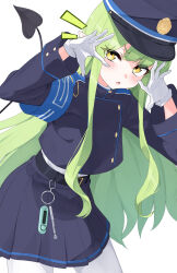1girl absurdres black_hat black_jacket black_skirt black_tail blue_archive blush cowboy_shot demon_tail gloves green_hair hat highres hikari_(blue_archive) isocha jacket long_hair long_sleeves open_mouth pantyhose peaked_cap pleated_skirt pointy_ears simple_background skirt solo tail white_background white_gloves white_pantyhose yellow_eyes