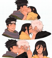 Rule 34 | 1girl, 2boys, bisexual male, black hair, black headband, boruto: naruto next generations, brown eyes, commentary, elite throuple kiss (meme), english commentary, forehead protector, headband, highres, hyuuga hanabi, japanese clothes, konohagakure symbol, log (naruto), meme, middle finger, multiple boys, naruto (series), purple eyes, sarutobi konohamaru, signature, steohsama, white hair
