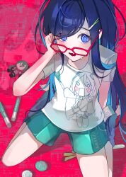 Rule 34 | 1girl, @ @, adjusting eyewear, ado (utaite), blue eyes, blue leg warmers, blue shorts, chando (ado), character doll, character name, character print, commentary, food-themed hair ornament, glasses, glowstick, h0kori, hair ornament, hand up, hatsune miku, highres, kneeling, leg warmers, long hair, looking at viewer, mole, mole under eye, nervous sweating, open mouth, penlight (glowstick), red-framed eyewear, shirt, short sleeves, shorts, sidelocks, socks, solo, spring onion, spring onion hair ornament, sweat, utaite, vocaloid, white shirt, white socks