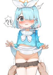 !? 1boy 1girl absurdres arona_(blue_archive) blue_archive blue_eyes blue_hair blue_shirt blush braid censored choker clothes_lift commentary freehoney hair_over_one_eye hairband halo highres loli mosaic_censoring multicolored_hair no_panties pussy sailor_collar shirt skirt skirt_lift solo_focus white_choker white_hairband white_sailor_collar white_skirt