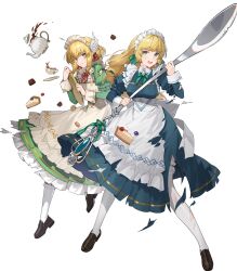 Rule 34 | 2girls, apron, blonde hair, braid, braided ponytail, damaged, dress, fire emblem, fire emblem: genealogy of the holy war, fire emblem: thracia 776, fire emblem: three houses, green eyes, hair ornament, highres, ingrid brandl galatea, ingrid brandl galatea (tea party), long hair, low ponytail, maid, maid apron, maid headdress, multiple girls, nanna (fire emblem), nanna (tea party) (fire emblem), nintendo, non-web source, official alternate costume, official art, ponytail, short hair, smile, spoon, torn clothes, torn dress, wing hair ornament