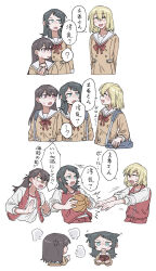 3girls anger_vein animal_ears bag bang_dream! bang_dream!_it&#039;s_mygo!!!!! black_hair blonde_hair blue_eyes blush brown_dress brown_hair closed_eyes criangle_k. dog_ears dress hanasakigawa_school_uniform highres jacket kemonomimi_mode long_hair medium_hair misumi_uika mole mole_under_eye multiple_girls nervous_sweating open_mouth ponytail puff_of_air purple_eyes red_jacket sailor_collar sailor_dress school_bag school_uniform shiina_taki shirt shoulder_bag sweat sweatdrop translation_request white_sailor_collar white_shirt yahata_umiri