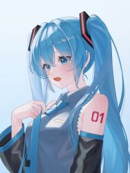 1girl aqua_eyes aqua_hair aqua_nails aqua_necktie aqua_trim arm_at_side arm_tattoo bare_shoulders black_sleeves blue_background blush breast_pocket breasts collared_shirt commentary crossed_bangs detached_sleeves frilled_shirt frills from_side gradient_background grey_shirt hair_between_eyes hair_ornament hand_up hatsune_miku highres hot long_hair looking_ahead medium_breasts necktie necktie_lift negifarmer number_tattoo open_mouth pocket shirt sidelocks sleeveless sleeveless_shirt solo sweat tattoo teeth tie_clip tongue twintails upper_body upper_teeth_only very_long_hair vocaloid white_background wide_sleeves