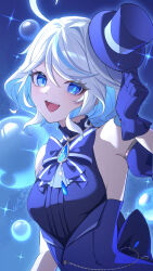 Rule 34 | 1girl, ahoge, alternate costume, blue bow, blue bowtie, blue eyes, blue gloves, blue hair, blue hat, bow, bowtie, breasts, brooch, drop-shaped pupils, furina (genshin impact), genshin impact, gloves, hat, heterochromia, highres, jewelry, looking at viewer, mini hat, mini top hat, multicolored hair, open mouth, small breasts, so zei tama tama, solo, streaked hair, symbol-shaped pupils, top hat, two-tone hair, upper body, white hair