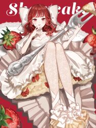 1girl bow dress food fork fruit hair_bow highres holding holding_fork long_hair looking_at_viewer mini_person minigirl original oversized_object pantyhose puffy_sleeves red_background red_bow red_eyes red_hair red_nails shifu0321 short_sleeves smile solo strawberry white_bow white_dress