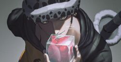 1boy chest_tattoo cube dated devil_fruit_power earrings finger_tattoo grey_background hat heart_(organ) highres holding holding_cube hood hood_down jewelry ksuke_(k-taro31) long_sleeves looking_at_viewer male_focus multiple_earrings one_piece piercing sword tattoo trafalgar_law upper_body weapon yellow_eyes