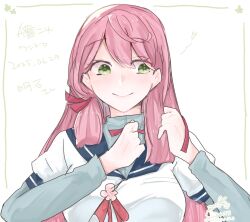 Rule 34 | 1girl, akashi (kancolle), blue sailor collar, blunt tresses, character name, commentary request, copyright name, dated, green eyes, hair ribbon, highres, holding, holding own hair, kantai collection, kurohina (kurohina 66 s), layered shirt, long hair, pink hair, ribbon, sailor collar, sailor shirt, school uniform, serafuku, shirt, sideways glance, smile, solo, tress ribbon, white background