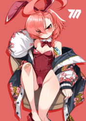 1girl ahoge angry animal_ears bandaid bandaid_on_knee bandaid_on_leg bare_legs black_jacket blue_archive bow bowtie braid breasts cameltoe commentary_request covered_navel detached_collar fake_animal_ears flat_chest floral_print hair_between_eyes highres huge_ahoge jacket legs leotard looking_at_viewer mole mole_under_eye nada_haruka neru_(blue_archive) neru_(bunny)_(blue_archive) playboy_bunny print_jacket rabbit_ears red_background red_bow red_bowtie red_eyes red_hair sharp_teeth simple_background single_braid sitting small_breasts solo teeth traditional_bowtie