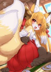 1girl animal_ear_fluff animal_ears ass barefoot bell blonde_hair blush body_fur bow claws dated detached_sleeves fangs feet fox_ears fox_girl fox_tail from_behind furry furry_female hair_bell hair_bow hair_ornament high-waist_skirt highres horokusa_(korai) japanese_clothes jingle_bell looking_back miko multicolored_hair multiple_tails open_mouth original pleated_skirt red_bow red_eyes red_skirt sitting skirt solo tail tatami toes twintails two-tone_hair wariza white_hair