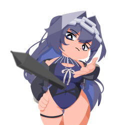 Rule 34 | 1girl, black hair, blue eyes, blue hair, blue one-piece swimsuit, breasts, chain, chain headband, cleavage, cleavage cutout, clothing cutout, colored inner hair, highleg, highleg one-piece swimsuit, highres, hololive, hololive english, meme, multicolored hair, one-piece swimsuit, ouro kronii, ouro kronii (holonatsu paradise), simple background, solo, stylus, swimsuit, thigh strap, virtual youtuber, viscosity 2001, white background, woe plague be upon ye (meme)