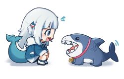 1girl animal animal_collar animal_costume animal_hood blue_eyes blue_hair blue_hoodie blunt_bangs blush chibi chibi_only collar fins fish fish_tail gawr_gura gawr_gura_(1st_costume) hair_ornament highres hololive hololive_english hood hoodie jeff_(marvel) long_hair marvel marvel_rivals moon_ldl multicolored_hair open_mouth shark shark_costume shark_fin shark_girl shark_hair_ornament shark_hood shark_print shark_tail sharp_teeth smile streaked_hair tail teeth two_side_up virtual_youtuber white_background white_hair