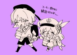 1boy 1girl :3 ahoge backpack bag beret blunt_ends blush cabbie_hat chibi closed_eyes cmpsnoki collared_shirt cup disposable_cup dodoco_(genshin_impact) dress drinking drinking_straw feathers frilled_dress frills full_body genshin_impact greyscale_with_colored_background hat highres holding holding_cup holding_hands klee_(genshin_impact) long_sleeves necktie pom_pom_(clothes) purple_background scaramouche_(cat)_(genshin_impact) scaramouche_(genshin_impact) shirt shoes short_sleeves shorts sketch sweater_vest undershirt wanderer_(genshin_impact) wanderer_(mega_mgc_coffee)_(genshin_impact)