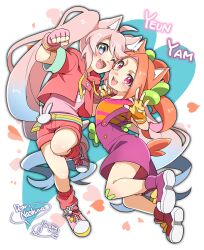 2girls :d ;d ahoge animal_ears arm_up artist_name belt boots borrowed_character commission commissioner_name fingerless_gloves fox_ears freckles full_body gloves grey_eyes highres holding_hands hood hood_down hoodie interlocked_fingers jumping knee_up leg_warmers long_hair looking_at_viewer midair multiple_girls oddnoise one_eye_closed open_mouth orange_hair orange_shirt orange_tail original outline overall_shorts overalls pink_eyes pink_gloves pink_hair pink_shirt pink_shoes purple_boots purple_overalls purple_shorts red_hoodie red_leg_warmers red_shorts second-party_source shirt shoes short_eyebrows short_sleeves shorts smile sneakers standing standing_on_one_leg striped_clothes striped_shirt teeth twintails upper_teeth_only v-shaped_eyebrows very_long_hair yellow_gloves