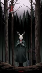 Rule 34 | 1boy, 1girl, animal head, black footwear, bow, bowtie, brown hair, coat, cup, dobek k, dress, english text, forest, full body, gloves, green coat, highres, holding, holding cup, nature, rabbit head, red bow, red bowtie, red dress, scp-4000, scp foundation, shirt, teacup, well, white shirt, yellow eyes