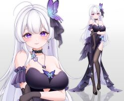 1girl akirinn asymmetrical_gloves black_choker black_dress black_gloves black_shoes black_thighhighs breasts butterfly_hair_ornament choker cleavage dress earrings gloves hair_ornament highres jewelry large_breasts long_hair looking_at_viewer mole mole_under_eye necklace original purple_eyes shoes side_slit simple_background single_earring thighhighs white_hair zoom_layer