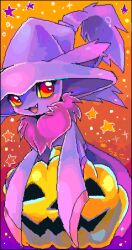 Rule 34 | :3, choko (sweetpocket), commentary request, creature, creature focus, fang, full body, gen 4 pokemon, gradient background, halloween, happy, jack-o&#039;-lantern, light blush, looking to the side, lowres, mismagius, nintendo, no humans, open mouth, pokemon, pokemon (creature), red eyes, smile, sparkle, star (symbol)