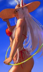 1girl animal_ears bikini blue_sky boku_no_hero_academia breasts clothing_cutout cloud commentary dark-skinned_female dark_skin ears_through_headwear english_commentary from_side hand_on_own_hat hat highres hitomazuk holding_hula_hoop hoop hula_hoop large_breasts long_eyelashes long_hair looking_at_viewer mirko parted_bangs parted_lips rabbit_ears rabbit_girl rabbit_tail red_bikini red_eyes side-tie_bikini_bottom sideboob sky smile solo sun_hat swimsuit tail tail_through_clothes thighs toned toned_female very_long_hair white_hair