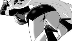 1girl admiral_zenker_(azur_lane) admiral_zenker_(fun_with...interrogations?)_(azur_lane) armband azur_lane azur_lane:_slow_ahead breasts cameltoe cleavage from_behind greyscale high_heels hori_(hori_no_su) horns large_breasts monochrome official_art panties pencil_skirt simple_background skirt solo underwear variant_set white_background