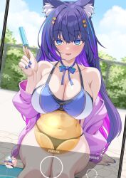 Rule 34 | 1girl, animal ear fluff, animal ears, ball, beachball, bikini, blue eyes, blue hair, blue ribbon, blue sky, blush, bow, bowtie, breasts, cellphone photo, chain-link fence, cleavage, cloud, collarbone, displayer, fence, food, hair ornament, highres, holding, holding food, holding popsicle, hood, hoodie, large breasts, long hair, looking at viewer, multicolored hair, o-ring, o-ring top, open clothes, open hoodie, outdoors, parted lips, pool, poolside, popsicle, purple hair, purple hoodie, ribbon, sky, smile, soaking feet, streaked hair, strelka belca, swimsuit, two-tone hair, virtual youtuber, water, yoshibana kokoro