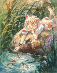 1girl animal_ear_fluff animal_ears barefoot bell bracelet cat_ears cat_girl fish flower goutokuji_mike head_rest highres jewelry legs_up looking_at_viewer lying multicolored_hair neck_bell on_stomach orange_eyes outdoors painting_(medium) purple_flower ripples short_hair solo streaked_hair touhou traditional_media two-tone_hair water white_hair xue_yao-miracle