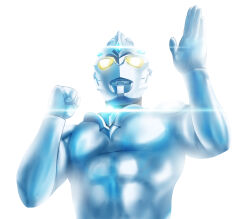 1boy abs absurdres alien alternate_skin_color black_skin blue_gemstone clenched_hand color_timer colored_skin commentary crystal diffraction_spikes dorsal_fin fighting_stance forehead_jewel from_below gem glowing glowing_eyes hands_up highres looking_ahead male_focus multicolored_skin muscular muscular_male no_pupils overexposure pectorals silver_skin simple_background solo tokusatsu two-tone_skin ultra_series ultraman_arc ultraman_arc_(series) upper_body white_background yellow_eyes yoshifuto