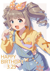 1girl aqua_eyes artist_name birthday blue_overalls blunt_bangs blush bow brown_hair commentary_request cowboy_shot crop_top dated dot_nose drill_hair drop_shadow english_text fingernails floral_print frilled_hoodie frills hair_bow hand_up happy_birthday highres hood hood_down hoodie idolmaster idolmaster_million_live! idolmaster_million_live!_theater_days long_sleeves looking_at_viewer necktie official_alternate_costume official_alternate_hair_color open_mouth orange_bow overalls polka_dot polka_dot_bow pom_pom_(clothes) purple_necktie sidelocks signature single_strap smile solo standing takatsuki_yayoi three_quarter_view tongue twin_drills twitter_username usagichama yellow_hoodie