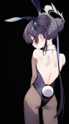 1girl absurdres animal_ears ass back bare_shoulders black_background black_hair black_pantyhose blue_archive blue_eyes double_bun eco_376124 fake_animal_ears hair_bun halo highres kisaki_(blue_archive) leotard loli long_hair looking_at_viewer looking_back pantyhose parted_lips playboy_bunny rabbit_ears rabbit_tail simple_background solo sweat tail twintails