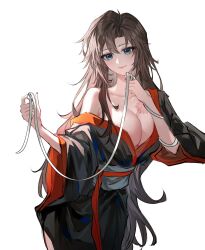 1girl alternate_hairstyle areola_slip black_hanfu black_robe blue_eyes breasts brown_hair chest_tattoo chinese_clothes chinese_commentary cleavage closed_mouth collarbone cowboy_shot deeplake_(shen_hu_zhou) eyelashes fingernails genderswap genderswap_(mtf) hair_down hand_on_own_chin hands_up hanfu highres holding holding_ribbon large_breasts long_hair long_sleeves looking_at_viewer modao_zushi nail_polish off_shoulder open_clothes open_robe red_lips red_nails ribbon robe robe_partially_removed sash second-party_source sharp_fingernails simple_background single_bare_shoulder smile solo tattoo very_long_hair wei_wuxian white_background white_ribbon wide_sleeves