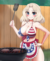 1girl american_flag american_flag_bikini american_flag_print apron bikini blonde_hair blue_eyes blush breasts burger cleavage collarbone cooking day fence fire flag_print food girls_und_panzer grass grill grilling grin hair_intakes hand_on_own_hip highres holding holding_spatula kay_(girls_und_panzer) large_breasts lemonuck navel outdoors print_apron print_bikini smile smoke solo spatula swimsuit