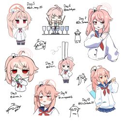 1girl absurdres ahoge black_thighhighs blue_archive blue_sailor_collar blue_skirt cardigan chibi closed_eyes closed_mouth cropped_torso cup drinking_glass drumsticks english_text halo hand_on_own_shoulder highres holding holding_drumsticks holding_milk_carton jacket long_hair long_sleeves milk_carton multiple_style_parody multiple_views natsu_(band)_(blue_archive) natsu_(blue_archive) neckerchief no_mouth open_mouth parody pink_hair pink_halo pleated_skirt red_eyes red_neckerchief remise rolling_eyes sailor_collar sechi_(sechihyeo)_(style) side_ponytail simple_background skirt standing style_parody thighhighs white_background white_cardigan yellow_jacket