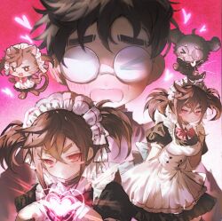 Rule 34 | &gt; &lt;, 1boy, 1girl, animal ears, animalization, ayase momo, black dress, black hair, black jacket, blush, blush stickers, bow, bowtie, breasts, brown eyes, brown hair, cat ears, cat girl, cat tail, commentary, dandadan, de557777, dog boy, dog ears, dog tail, dress, facing viewer, gakuran, glasses, gradient background, heart, heart hands, highres, jacket, kami high school uniform, looking at viewer, maid, maid headdress, medium breasts, moe moe kyun!, multiple views, official alternate costume, official alternate hairstyle, open mouth, pink background, pink bow, pink bowtie, puffy short sleeves, puffy sleeves, red eyes, round eyewear, school uniform, short hair, short sleeves, symbol-only commentary, tail, takakura ken (dandadan), thick eyebrows, twintails, upper body