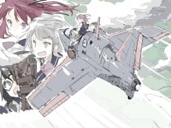 Rule 34 | 3girls, above clouds, aircraft, airplane, bag, black eyes, black hair, camouflage bag, cevio, cloud, feste, field, from above, glasses, grey eyes, grey hair, hair ribbon, hanakuma chifuyu, holding, holding bag, jet engine, koharu rikka, me 163, midair, multiple girls, multiple views, natsuki karin, open cockpit, outdoors, red eyes, red hair, ribbon