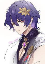 1boy artist_name closed_mouth dated dr._ratio_(honkai:_star_rail) hair_ornament honkai:_star_rail honkai_(series) leaf_hair_ornament male_focus matori_(penguin_batake) orange_hair portrait purple_hair short_hair signature simple_background solo twitter_username white_background