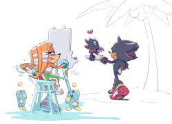 1boy 1girl black_fur chao_(sonic) easel galaxylover06 gloves highres orange_fur paint_palette red_fur shadow_the_hedgehog shoes sitting sonic_(series) tikal_the_echidna two-tone_fur white_gloves
