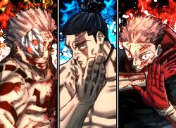 Rule 34 | 3boys, akutami gege, artist collaboration, battle, black hair, blood, blood on face, blowing kiss, colorized, contrast, extra eyes, highres, itadori yuuji, jjk myaa, jujutsu kaisen, male focus, monster boy, multiple boys, muscular, muscular male, pectorals, ryoumen sukuna (jujutsu kaisen), ryoumen sukuna (true form) (jujutsu kaisen), scar, scar across eye, scar on face, serious, short hair, sideburns, spoilers, third-party edit, toudou aoi (jujutsu kaisen), undercut, upper body