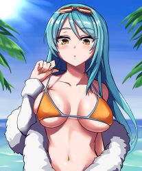 1girl absurdres bikini blue_hair blush breasts coat day eyewear_on_head fur-trimmed_coat fur_trim girls&#039;_frontline gun highres large_breasts light_machine_gun long_hair m249_saw m249_saw_(arctic_fox)_(girls&#039;_frontline) m249_saw_(girls&#039;_frontline) machine_gun navel niceratus_kiotensis ocean official_alternate_costume palm_tree sky solo strap_pull sun swimsuit tree weapon yellow_eyes