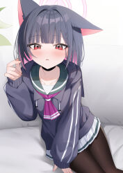 1girl absurdres animal_ears black_choker black_hair black_jacket black_pantyhose blue_archive blush cat_ears cat_girl choker colored_inner_hair extra_ears green_sailor_collar halo highres jacket kazusa_(blue_archive) long_sleeves looking_at_viewer multicolored_hair neckerchief pantyhose parted_lips pink_hair pink_halo pleated_skirt purple_neckerchief red_eyes sailor_collar sitting skirt solo two-tone_hair wendao white_skirt
