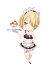 1girl bare_arms bare_shoulders bikini bikini_skirt black_bikini black_shoes black_skirt blonde_hair blue_eyes breasts chibi closed_mouth collar commentary_request detached_collar food frilled_bikini frilled_skirt frilled_thigh_strap frills full_body hair_over_one_eye hands_up holding holding_tray hououji_akane looking_at_viewer maid maid_headdress medium_breasts megami_no_cafe_terrace miniskirt official_art parfait seo_kouji shoes short_hair simple_background skirt solo string_bikini swimsuit thigh_strap tray unconventional_maid waitress white_background white_collar