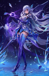 1girl blue_gloves blue_thighhighs breasts commentary dress elbow_gloves full_body genshin_impact gloves grey_hair hair_between_eyes hair_ornament hand_up highres imdrunkontea large_breasts long_hair looking_at_viewer parted_lips red_eyes ripples skirk_(genshin_impact) solo standing thighhighs very_long_hair water