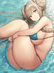 Rule 34 | 1girl, artist name, ass, azur lane, bikini, blue bikini, braid, breast press, breasts, caustics, day, double bun, female focus, fetal position, formidable (azur lane), formidable (the lady of the beach) (azur lane), grey hair, hair bun, highres, hugging own legs, large breasts, long hair, looking at viewer, lying, oekakizuki, on side, parted lips, red eyes, refraction, shiny skin, sideboob, sidelocks, skindentation, solo, string bikini, sunlight, swimsuit, thighhighs, thighs, twin braids, underboob, very long hair, water, wet, white thighhighs