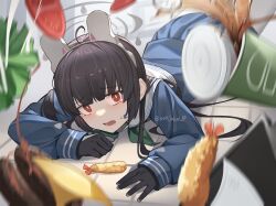 1girl ahoge animal_ears ark_john_up black_gloves black_hair blue_archive blue_shirt blue_skirt burger cola cup disposable_cup fake_animal_ears food gloves green_neckerchief long_hair long_sleeves looking_at_viewer meat miyu_(blue_archive) neckerchief on_floor red_eyes school_uniform serafuku shirt skirt solo sweatdrop tomato