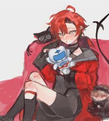 Rule 34 | 1boy, ahoge, black choker, black gloves, blush, character doll, choker, commentary, dentman, earpiece, english commentary, furby, gloves, grey background, hair between eyes, holostars, holostars english, jacket, koukuu senshi dentman, legwear garter, looking at viewer, machina x flayon, machina x flayon (1st costume), machiroon (machina x flayon), male focus, mechanical tail, open mouth, red hair, red jacket, short hair, side part, sitting, slit pupils, solo focus, tail, tunainon, virtual youtuber